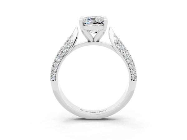 White gold Cushion Cut Moissanite Solitaire Engagement Ring with Multi-Row Round Pavé Band and Prong Setting