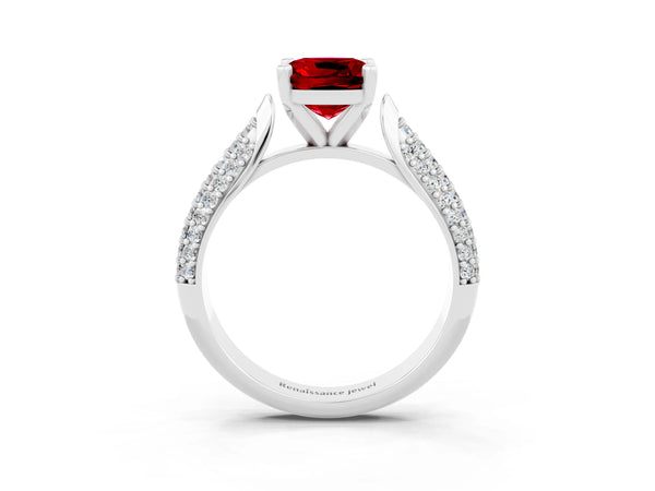 Platinum Cushion Cut Diamond Solitaire Engagement Ring with Pavé Band and Four-Prong Setting
