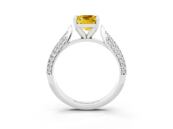Silver Cushion Cut Yellow Sapphire Solitaire Engagement Ring with Multi-Row Round Pavé Band and Prong Setting