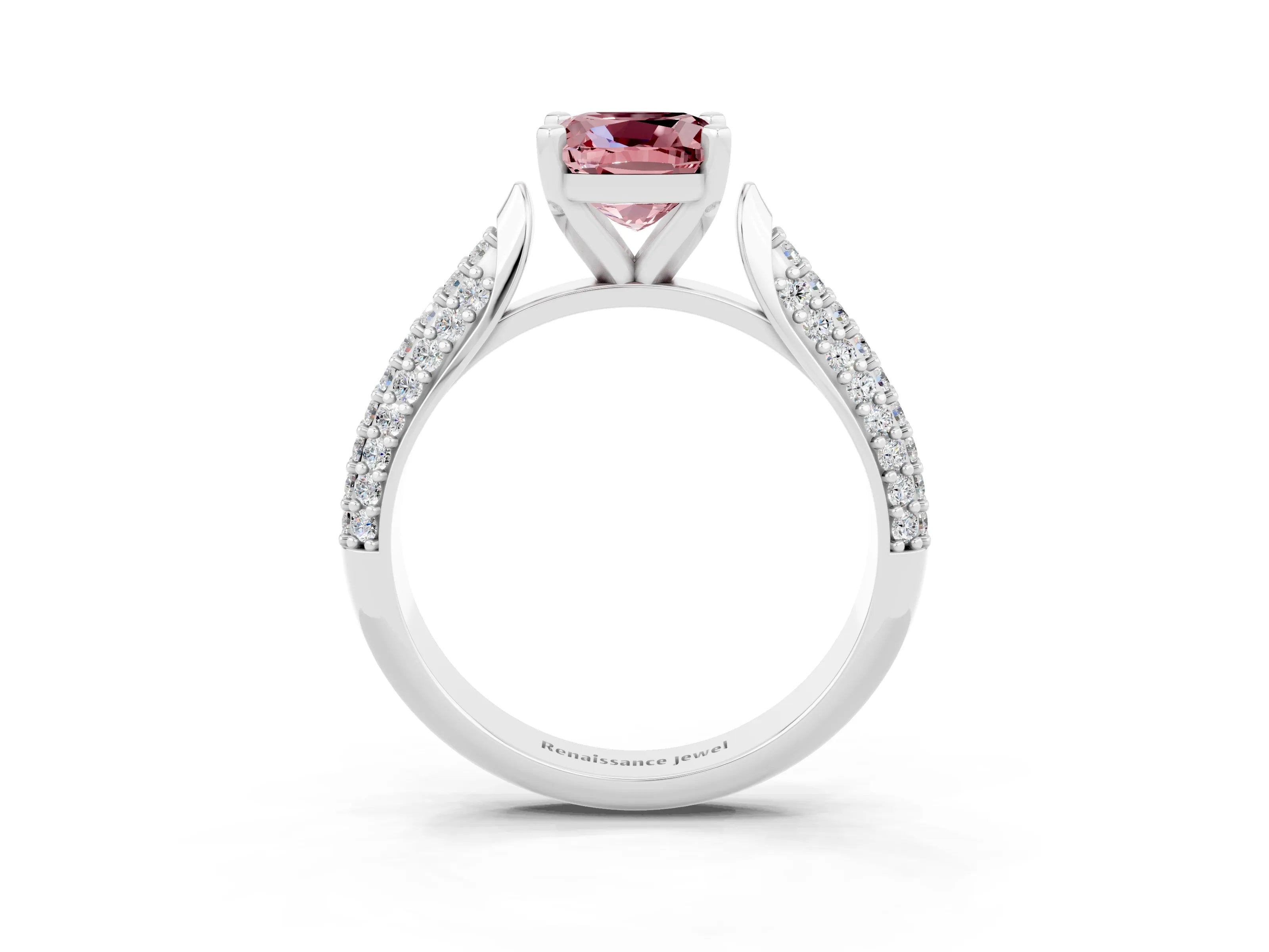 White gold Cushion Cut Diamond Solitaire Engagement Ring with Pavé Band and Four-Prong Setting_3