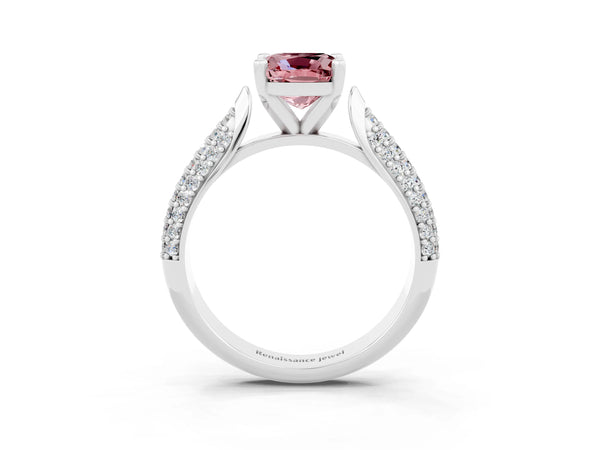 Platinum Cushion Cut Diamond Solitaire Engagement Ring with Pavé Band and Four-Prong Setting