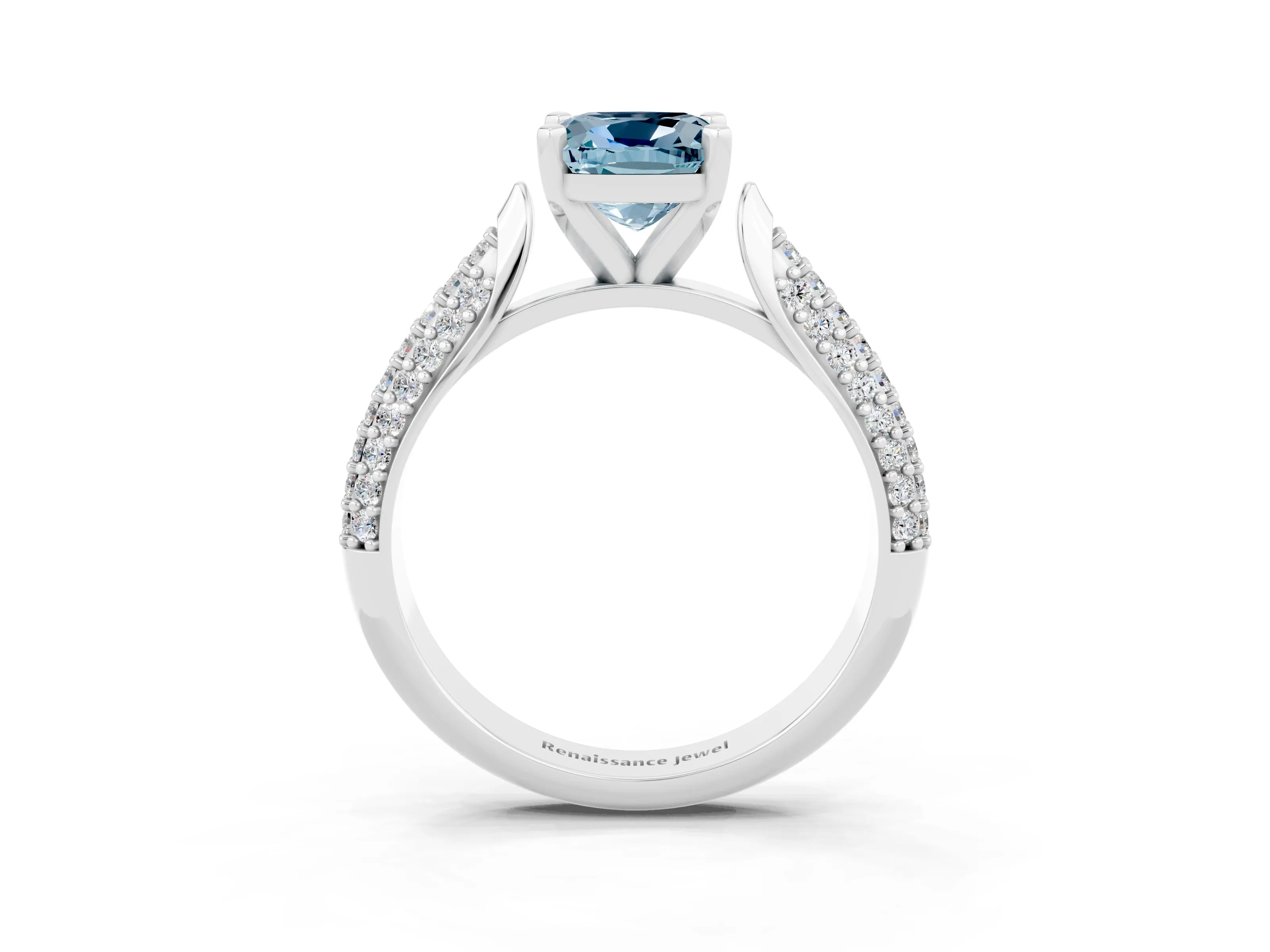 White gold Cushion Cut Diamond Solitaire Engagement Ring with Pavé Band and Four-Prong Setting_3