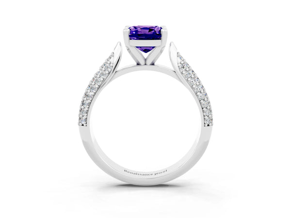 White gold Cushion Cut Tanzanite Solitaire Engagement Ring with Multi-Row Round Pavé Band and Prong Setting