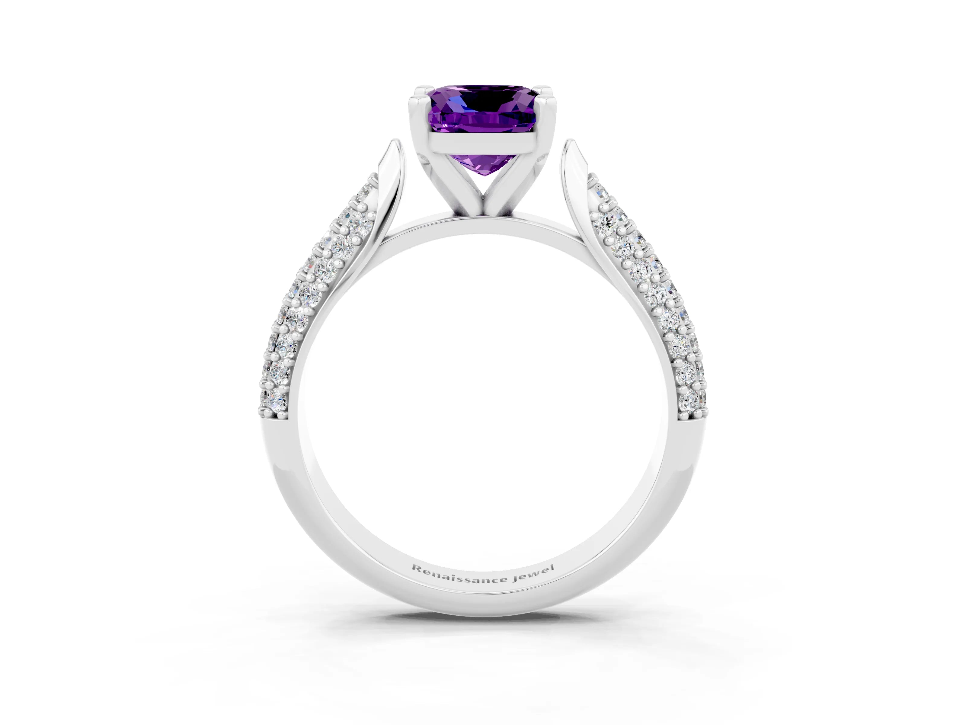 White gold Cushion Cut Diamond Solitaire Engagement Ring with Pavé Band and Four-Prong Setting_3