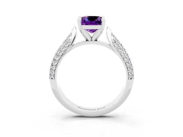 Platinum Cushion Cut Amethyst Solitaire Engagement Ring with Multi-Row Round Pavé Band and Prong Setting