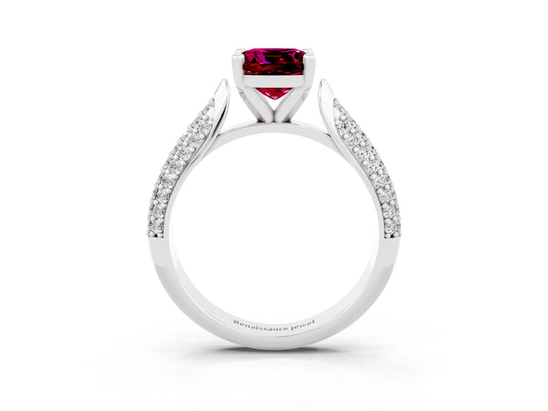 White gold Cushion Cut Garnet Solitaire Engagement Ring with Multi-Row Round Pavé Band and Prong Setting