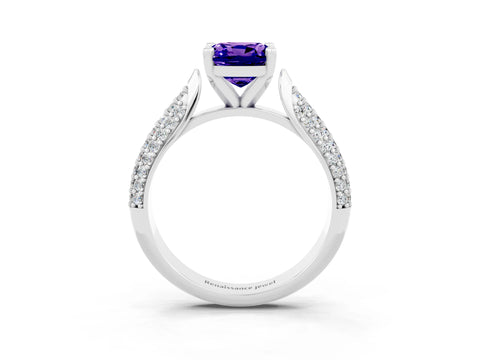 White gold Cushion Cut Diamond Solitaire Engagement Ring with Pavé Band and Four-Prong Setting_3