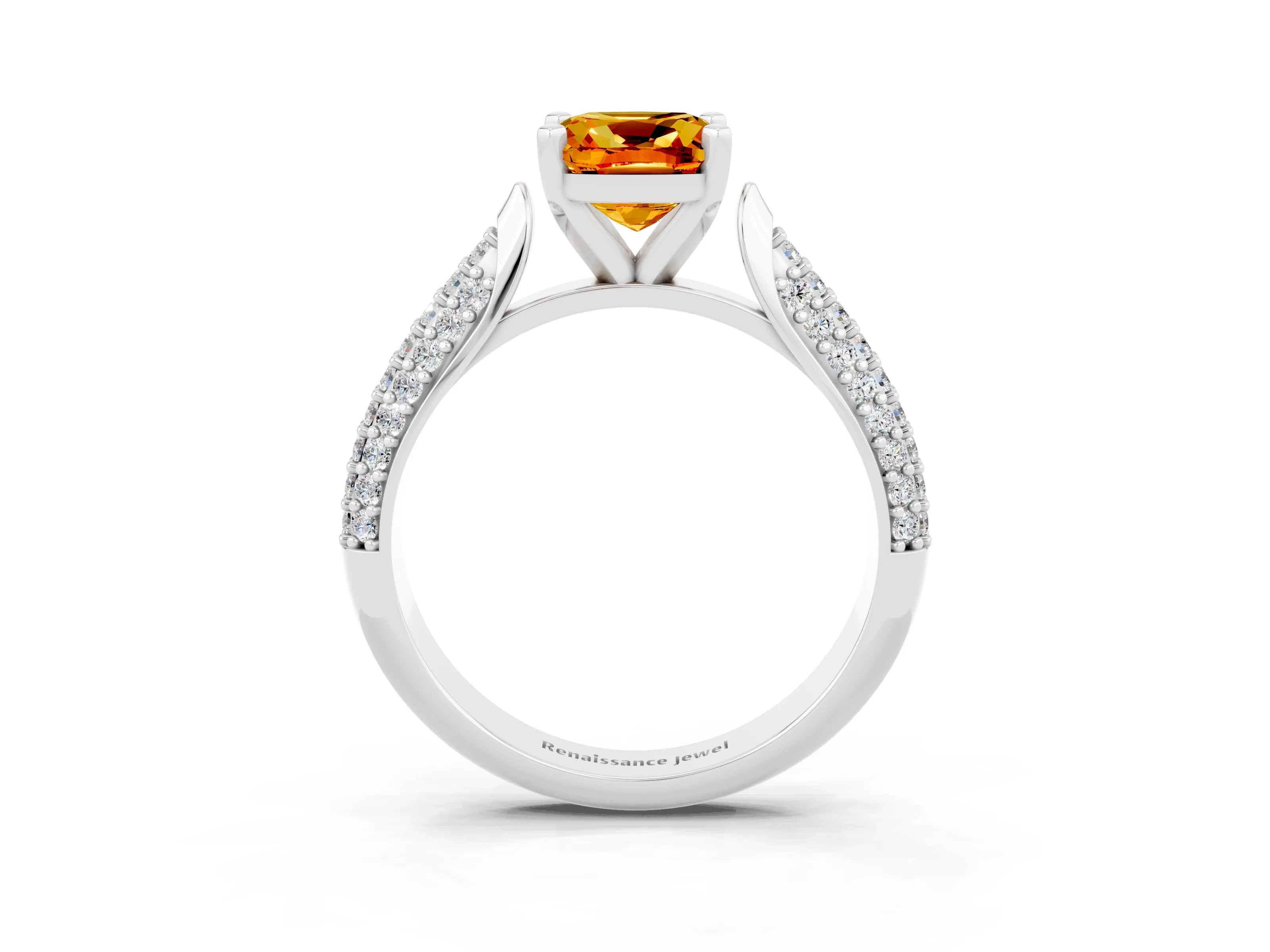 White gold Cushion Cut Diamond Solitaire Engagement Ring with Pavé Band and Four-Prong Setting_3