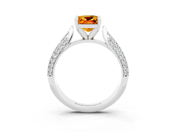 White gold Cushion Cut Citrine Solitaire Engagement Ring with Multi-Row Round Pavé Band and Prong Setting
