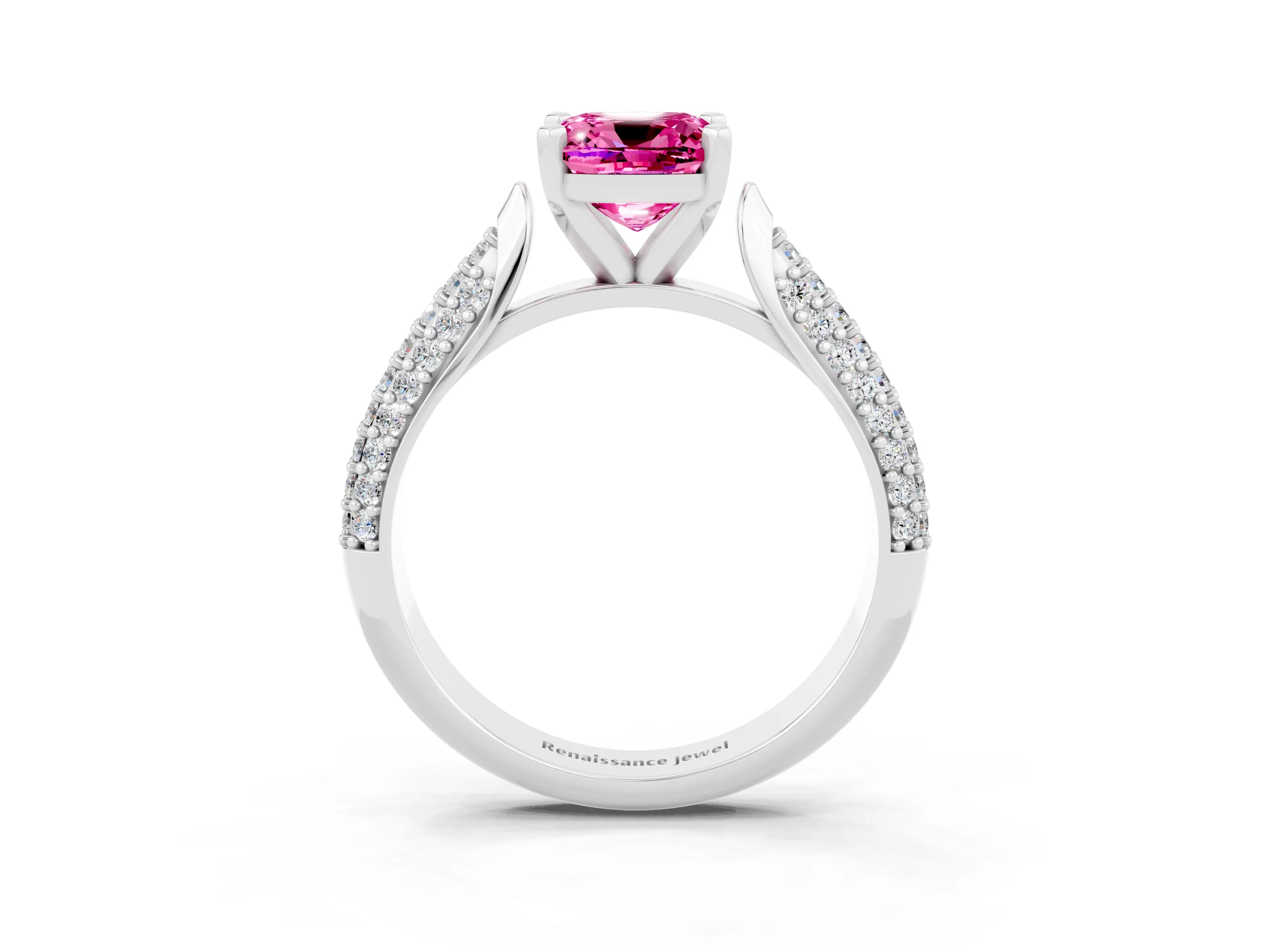 White gold Cushion Cut Diamond Solitaire Engagement Ring with Pavé Band and Four-Prong Setting_3