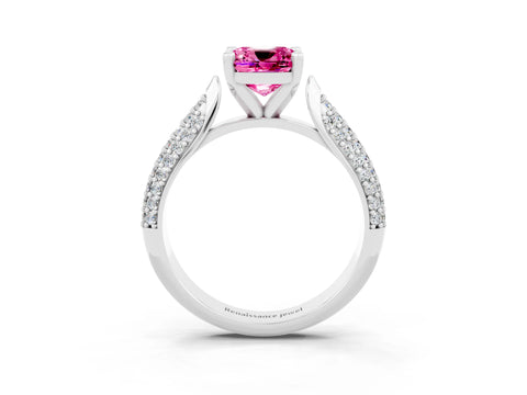 White gold Cushion Cut Diamond Solitaire Engagement Ring with Pavé Band and Four-Prong Setting_3