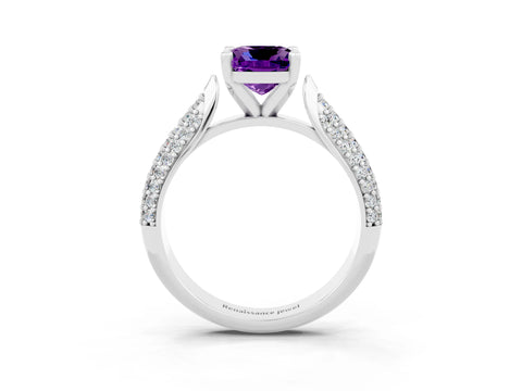 White gold Cushion Cut Diamond Solitaire Engagement Ring with Pavé Band and Four-Prong Setting_3