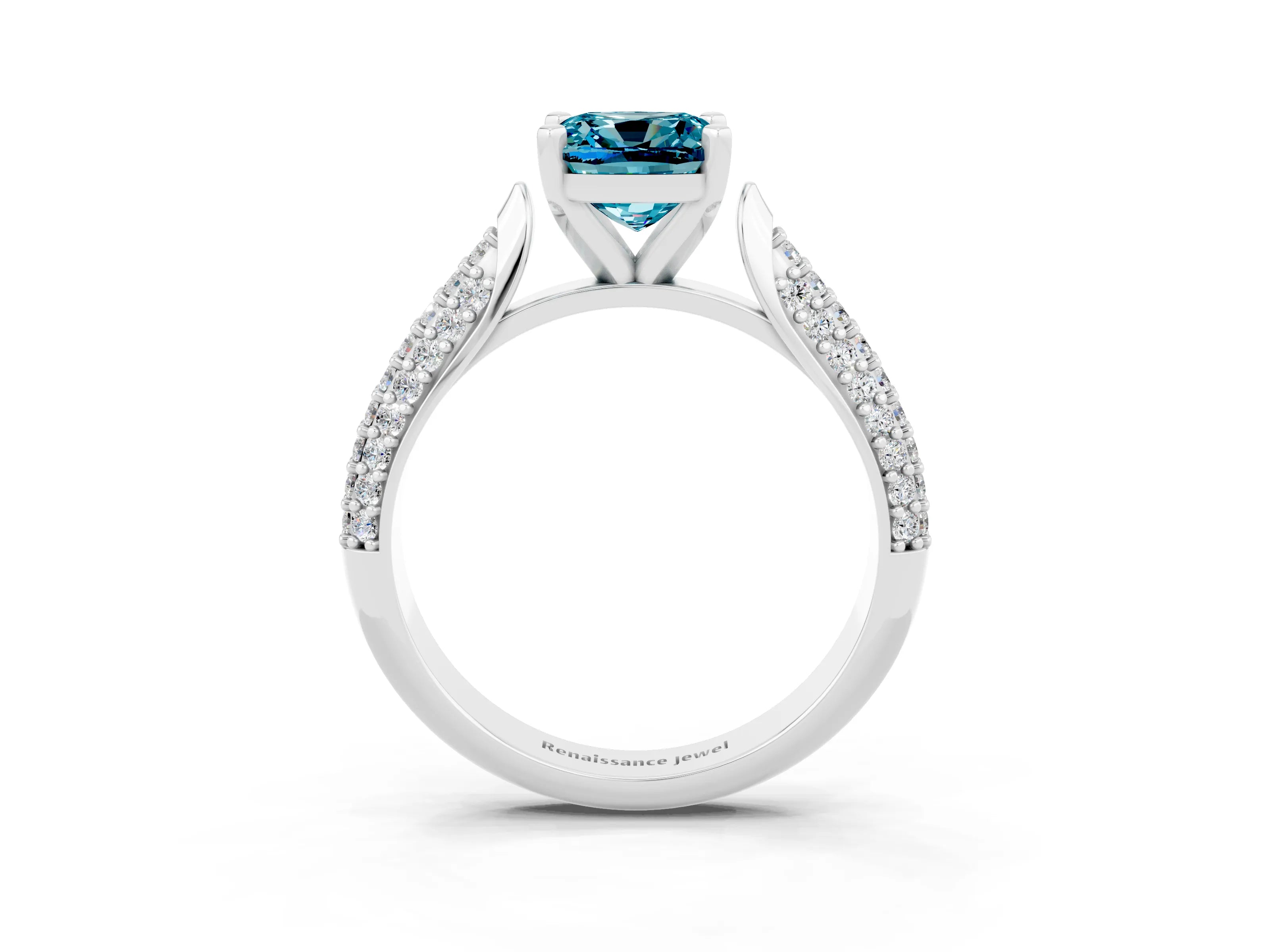 White gold Cushion Cut Diamond Solitaire Engagement Ring with Pavé Band and Four-Prong Setting_3