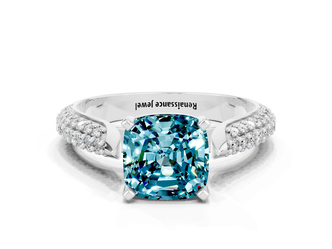White gold Cushion Cut Diamond Solitaire Engagement Ring with Pavé Band and Four-Prong Setting