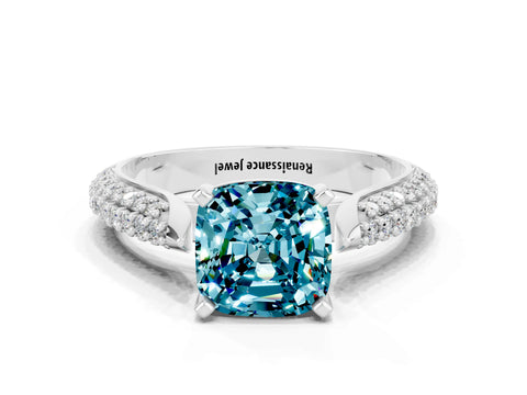 White gold Cushion Cut Diamond Solitaire Engagement Ring with Pavé Band and Four-Prong Setting