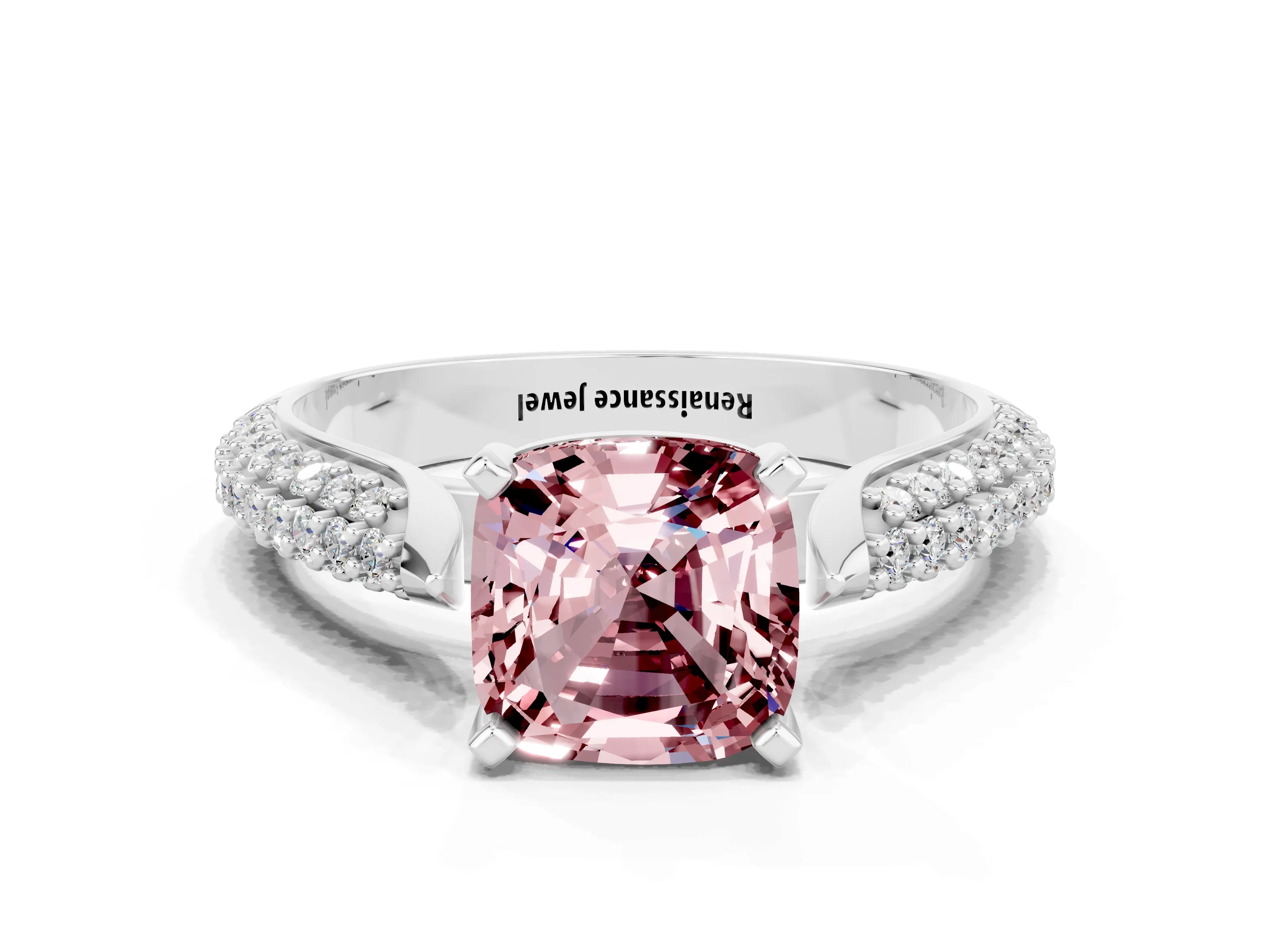 White gold Cushion Cut Diamond Solitaire Engagement Ring with Pavé Band and Four-Prong Setting