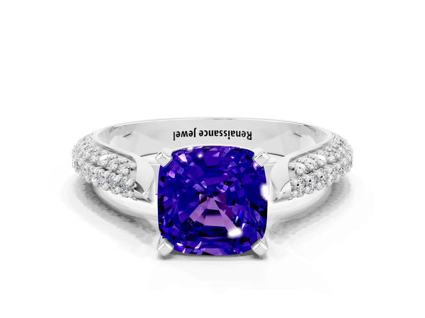 White gold Cushion Cut Tanzanite Solitaire Engagement Ring with Multi-Row Round Pavé Band and Prong Setting