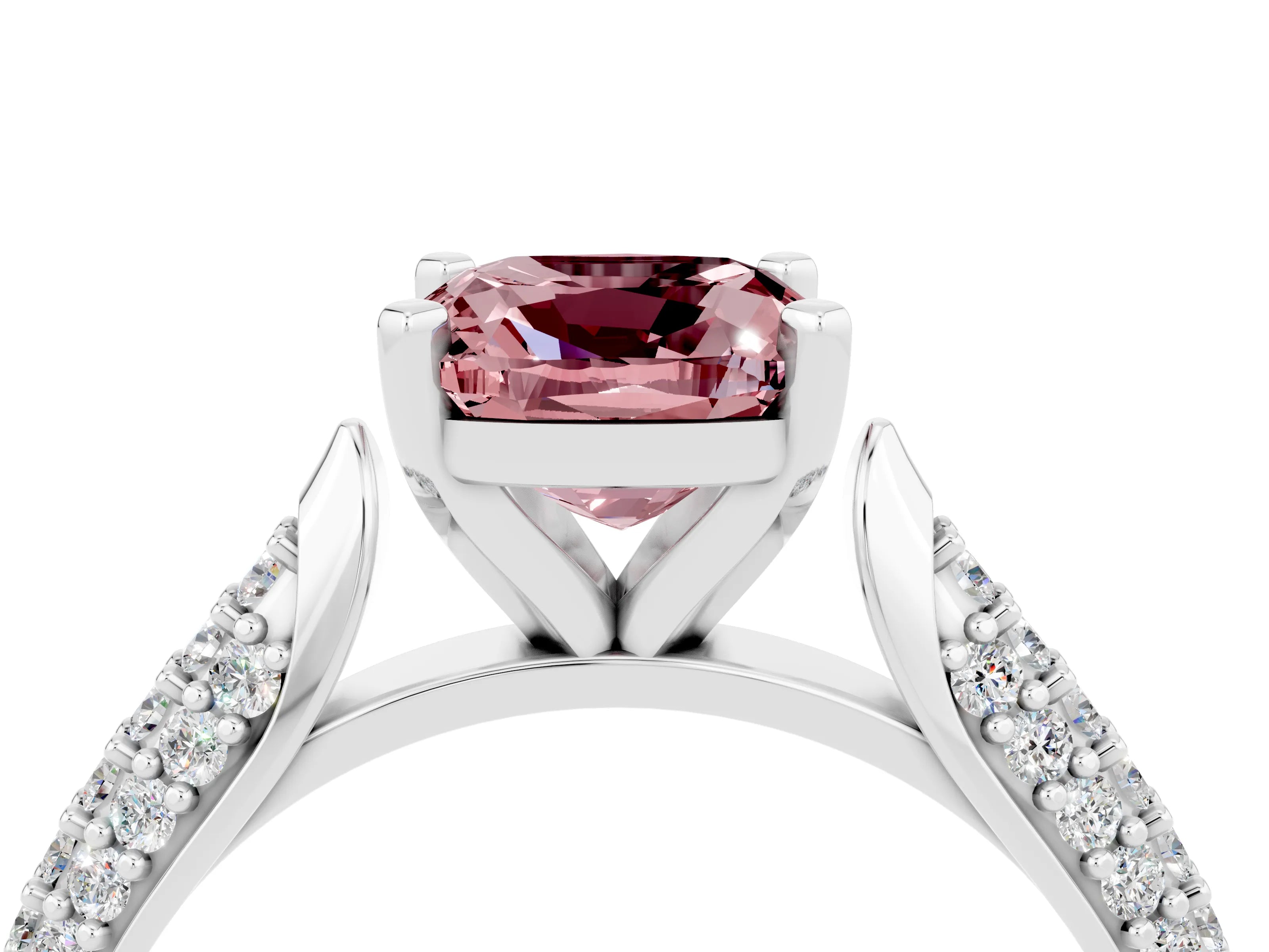 White gold Cushion Cut Diamond Solitaire Engagement Ring with Pavé Band and Four-Prong Setting_4