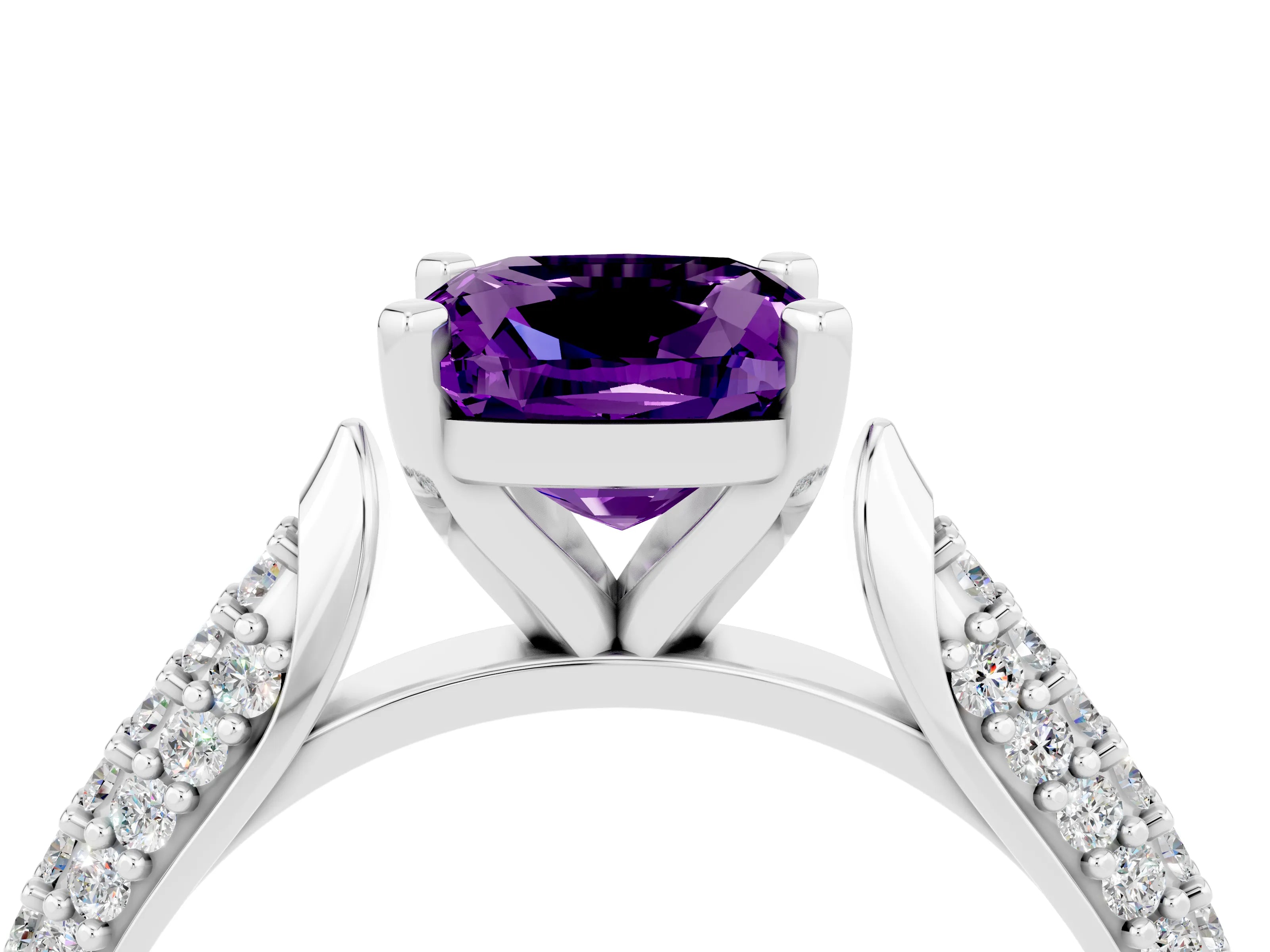 White gold Cushion Cut Diamond Solitaire Engagement Ring with Pavé Band and Four-Prong Setting_4