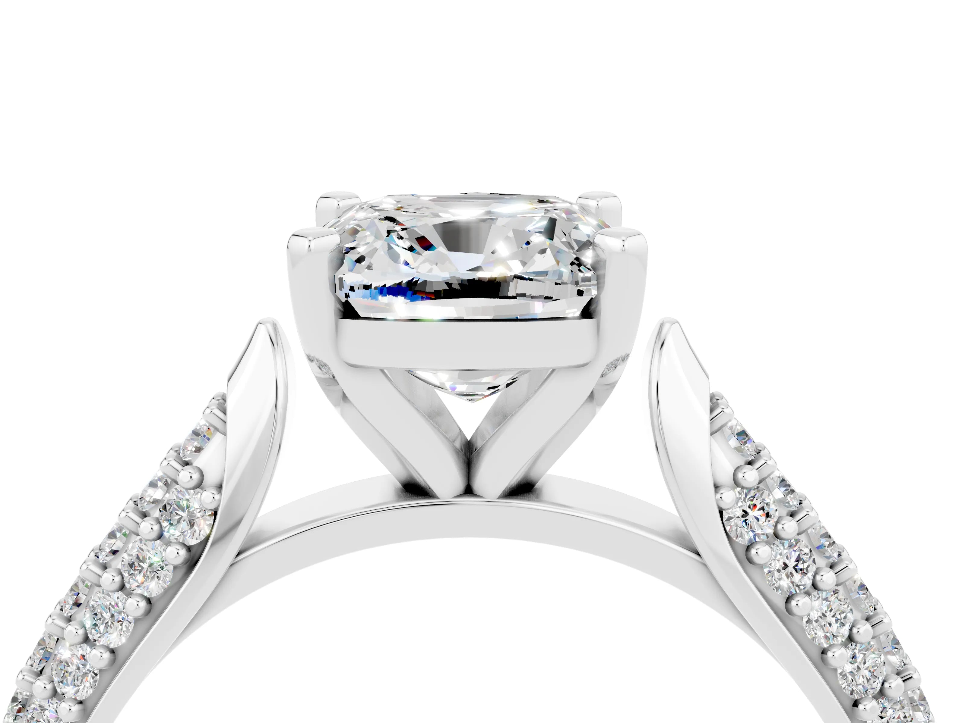 White gold Cushion Cut Diamond Solitaire Engagement Ring with Pavé Band and Four-Prong Setting_4