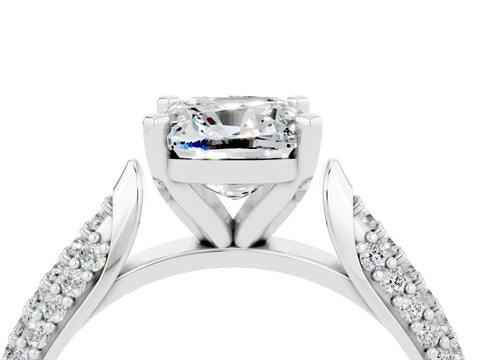 White gold Cushion Cut Diamond Solitaire Engagement Ring with Pavé Band and Four-Prong Setting_4
