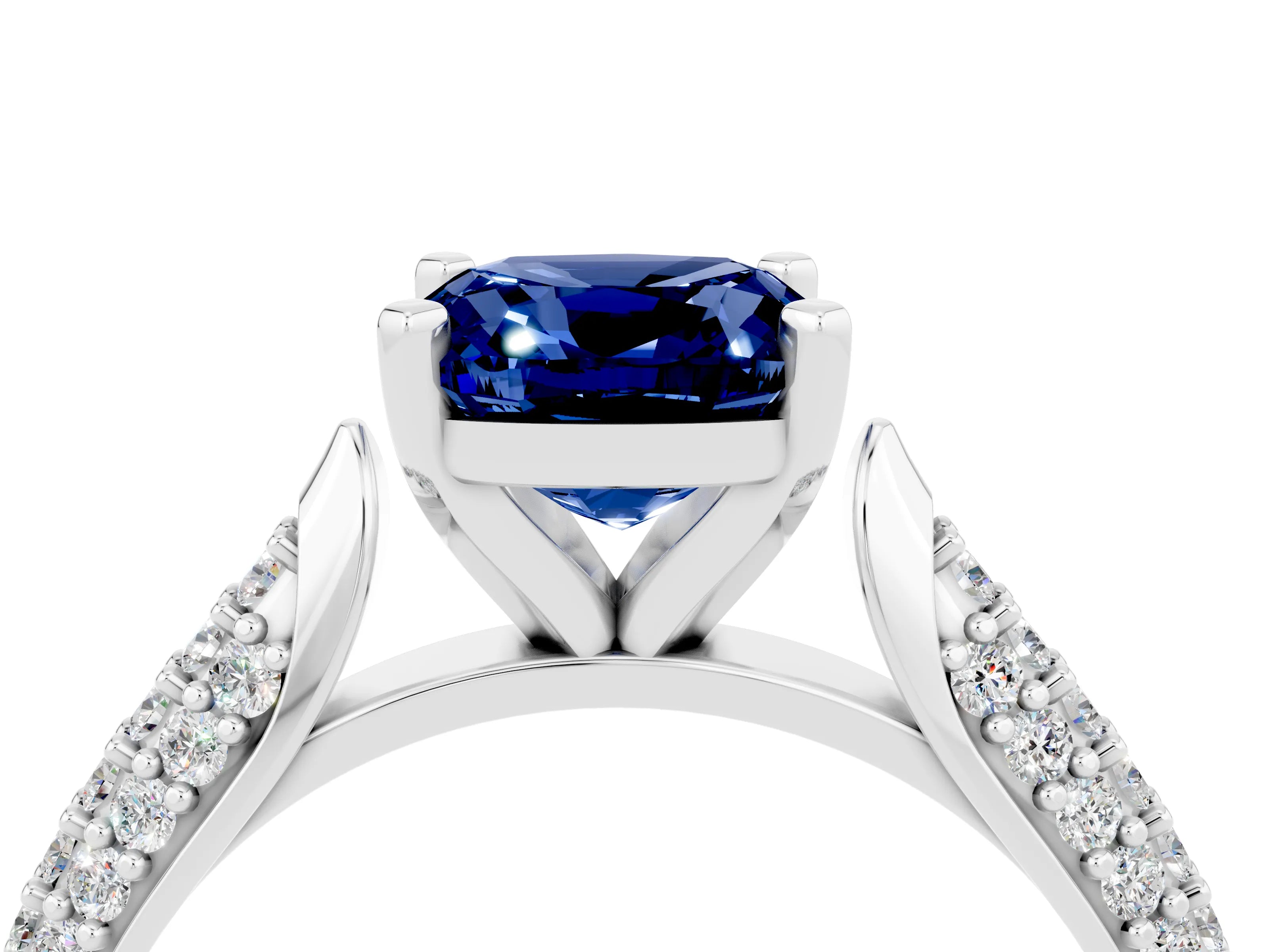 White gold Cushion Cut Diamond Solitaire Engagement Ring with Pavé Band and Four-Prong Setting_4