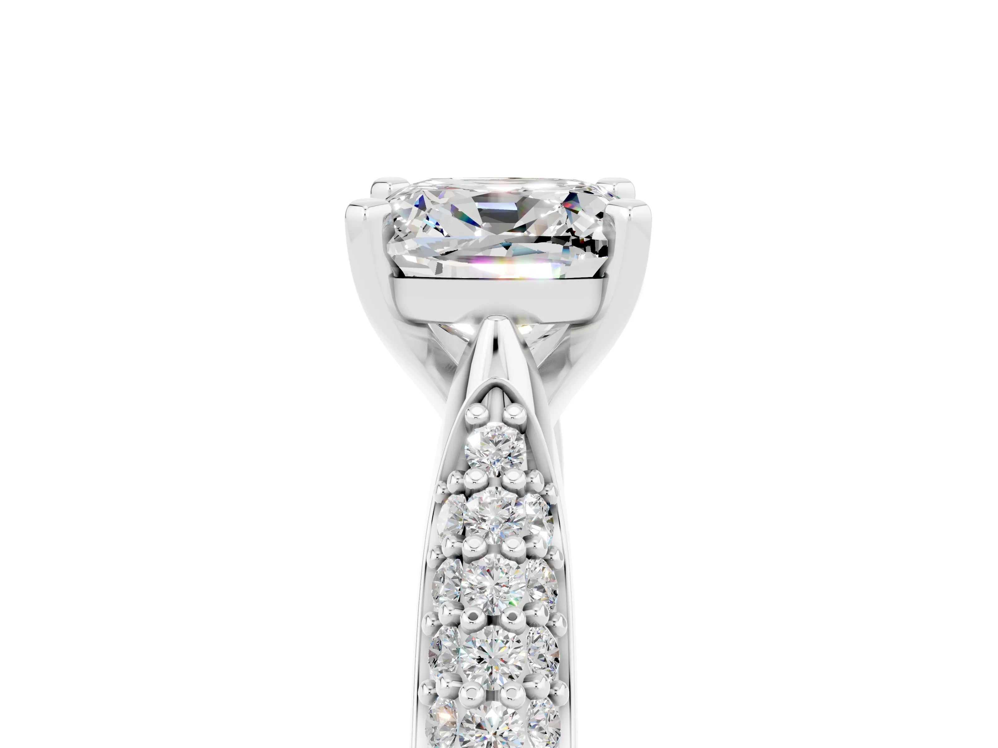 White gold Cushion Cut Diamond Solitaire Engagement Ring with Pavé Band and Four-Prong Setting_5