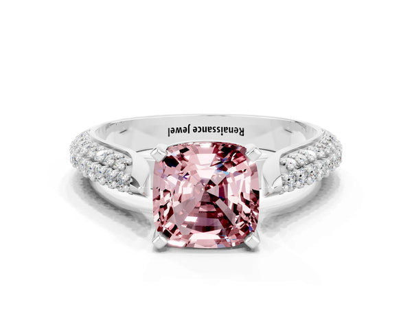 White gold Cushion Cut Diamond Solitaire Engagement Ring with Pavé Band and Four-Prong Setting