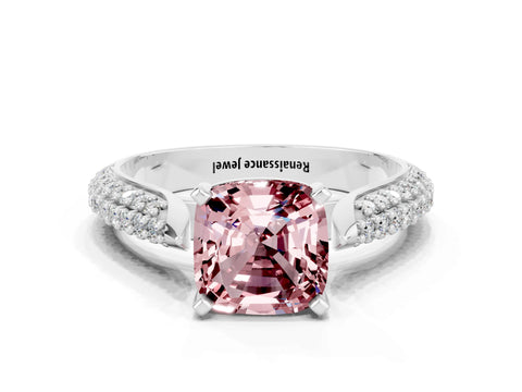White gold Cushion Cut Diamond Solitaire Engagement Ring with Pavé Band and Four-Prong Setting