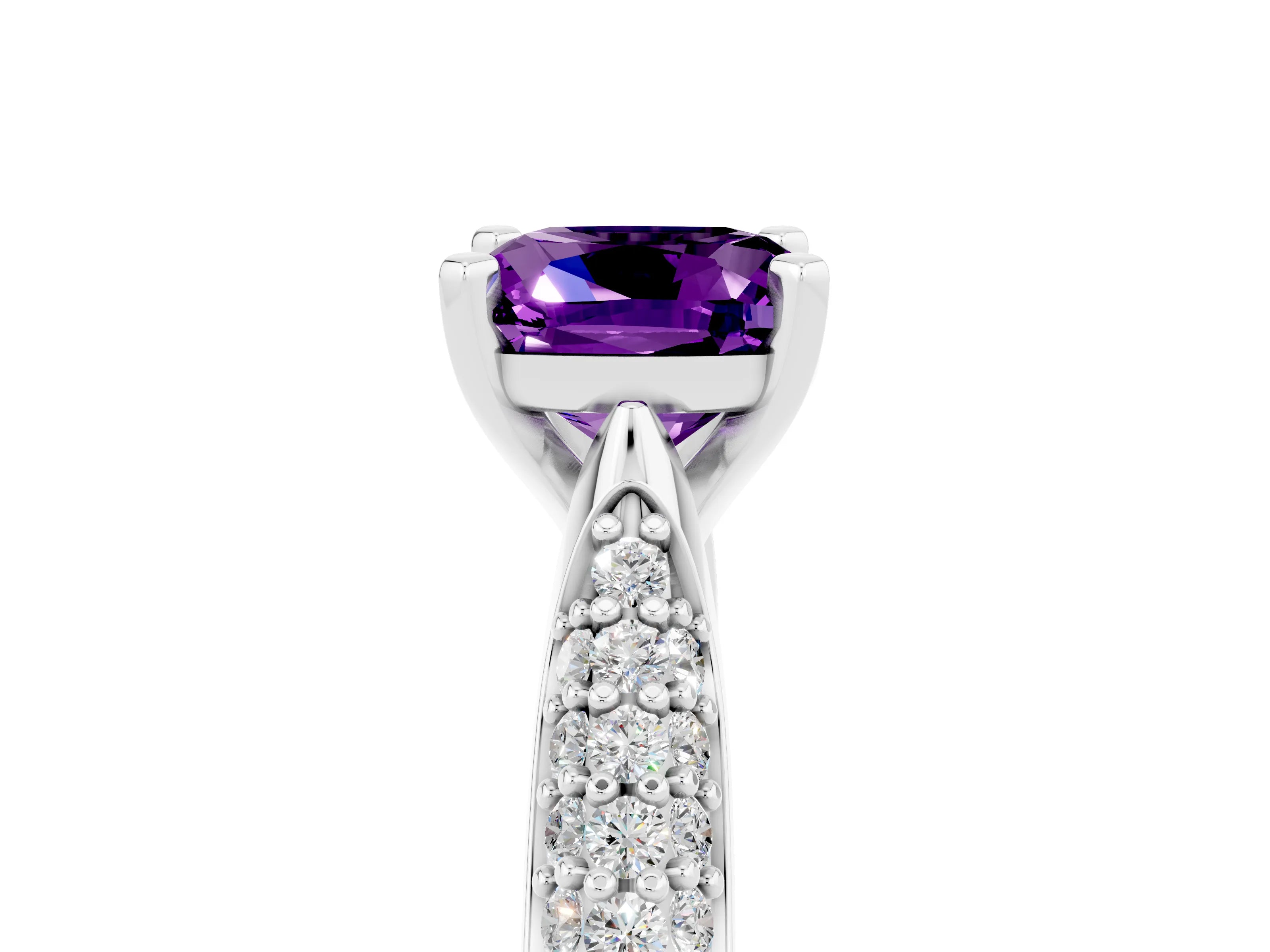 White gold Cushion Cut Diamond Solitaire Engagement Ring with Pavé Band and Four-Prong Setting_5