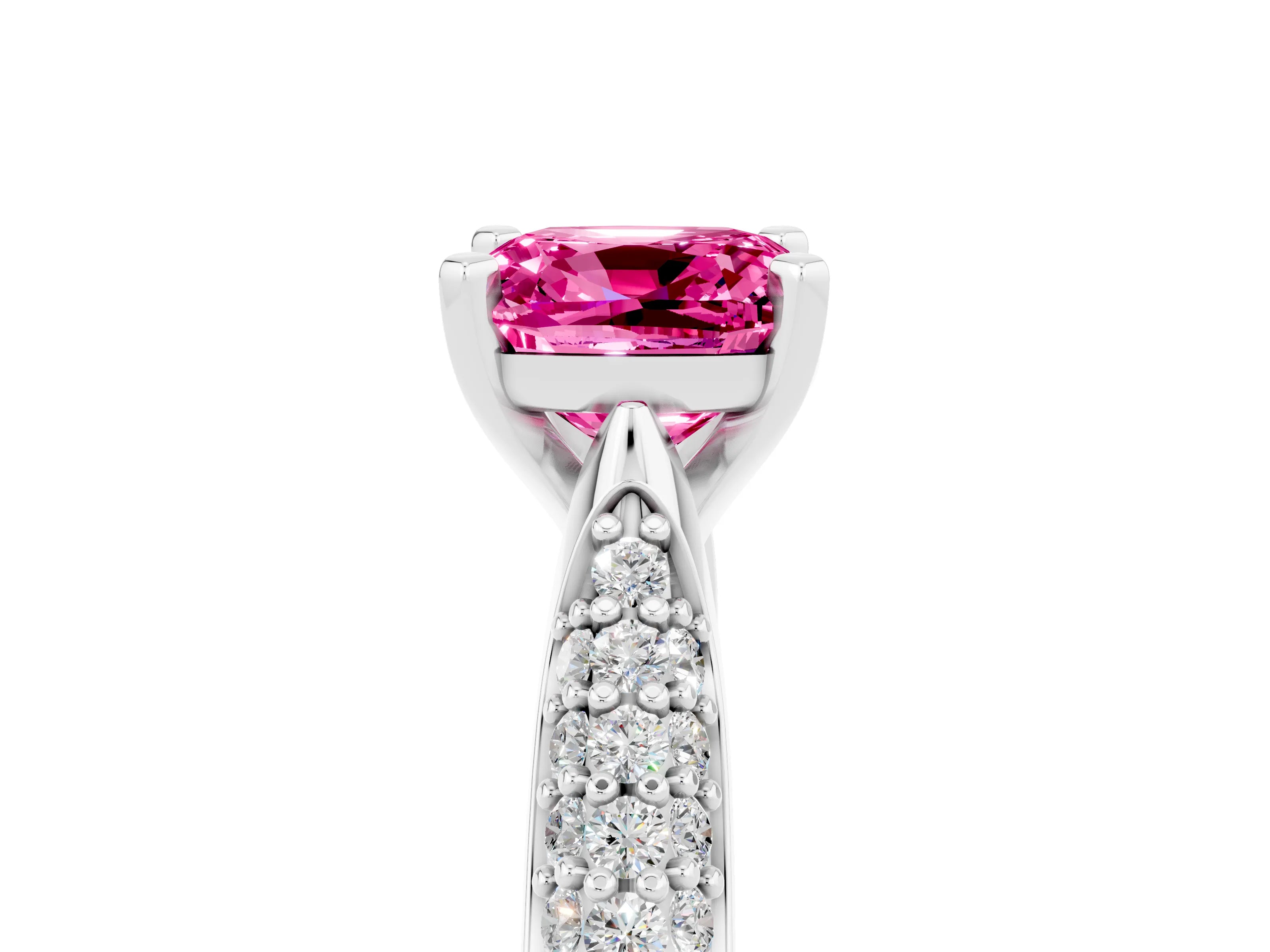 White gold Cushion Cut Diamond Solitaire Engagement Ring with Pavé Band and Four-Prong Setting_5