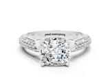 White gold Cushion Cut Diamond Solitaire Engagement Ring with Pavé Band and Four-Prong Setting