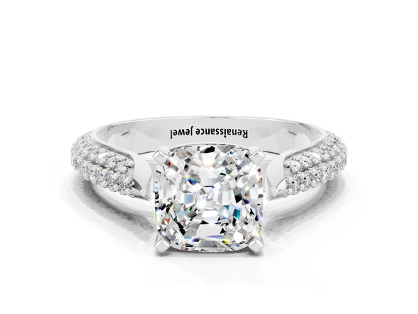 White gold Cushion Cut Moissanite Solitaire Engagement Ring with Multi-Row Round Pavé Band and Prong Setting