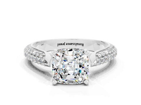 White gold Cushion Cut Diamond Solitaire Engagement Ring with Pavé Band and Four-Prong Setting