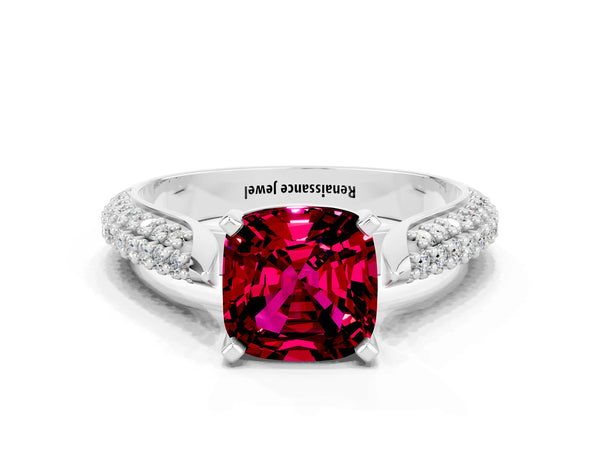 White gold Cushion Cut Garnet Solitaire Engagement Ring with Multi-Row Round Pavé Band and Prong Setting