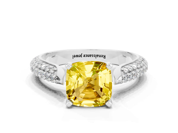 Silver Cushion Cut Yellow Sapphire Solitaire Engagement Ring with Multi-Row Round Pavé Band and Prong Setting