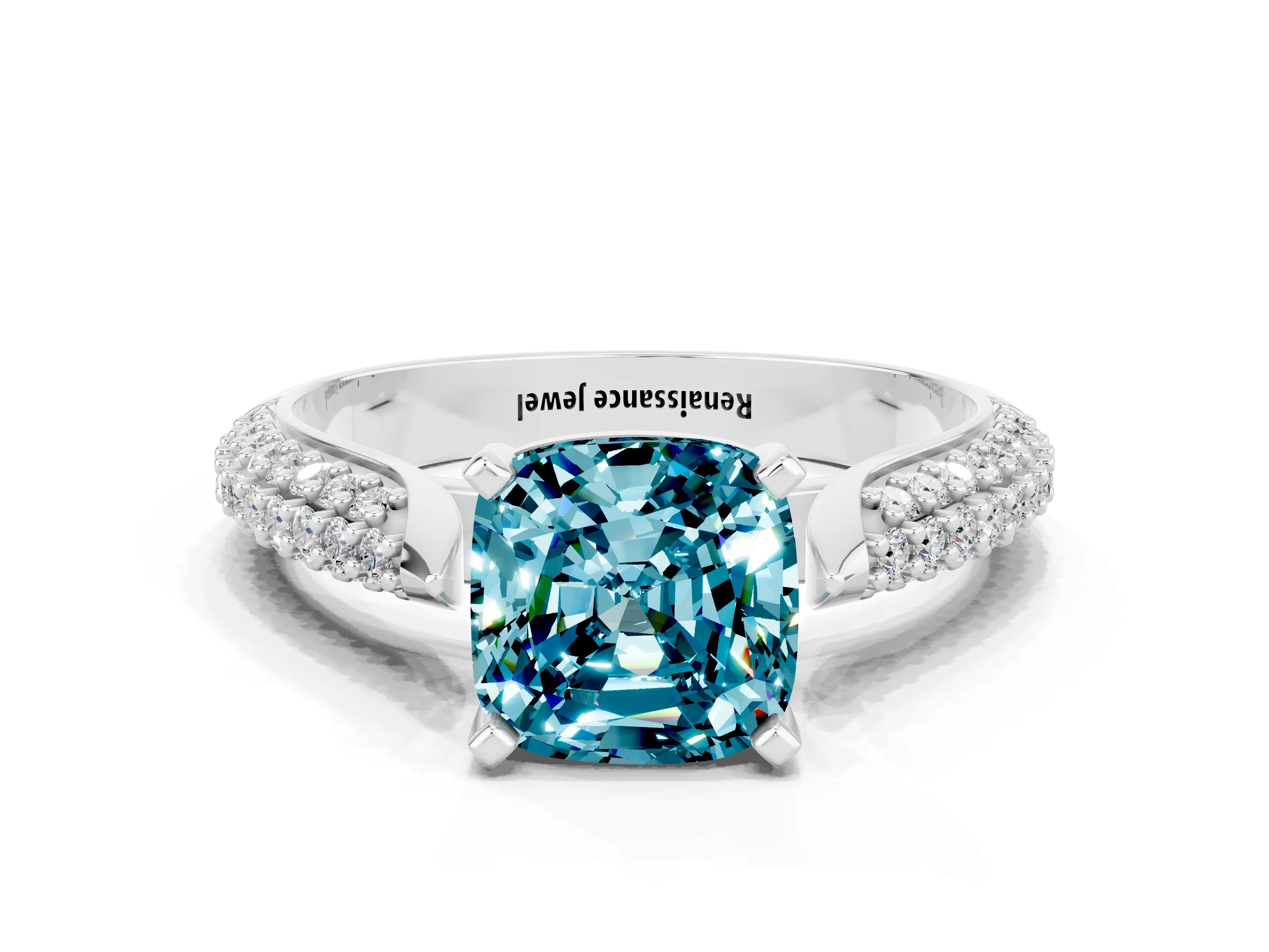 White gold Cushion Cut Diamond Solitaire Engagement Ring with Pavé Band and Four-Prong Setting