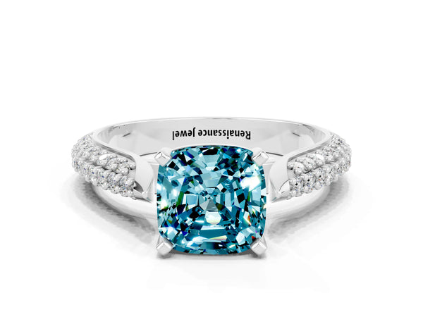 Platinum Cushion Cut Diamond Solitaire Engagement Ring with Pavé Band and Four-Prong Setting