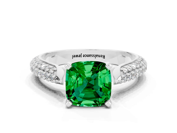 Platinum Cushion Cut Emerald Solitaire Engagement Ring with Multi-Row Round Pavé Band and Prong Setting