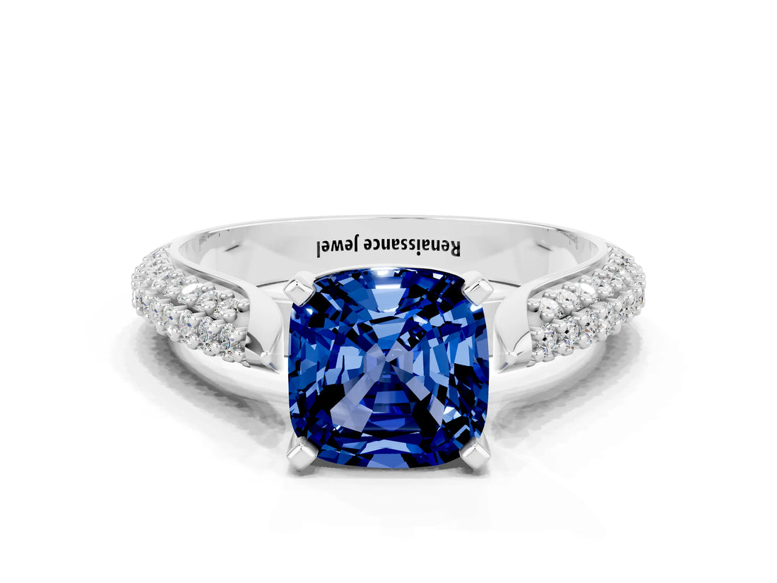 White gold Cushion Cut Diamond Solitaire Engagement Ring with Pavé Band and Four-Prong Setting