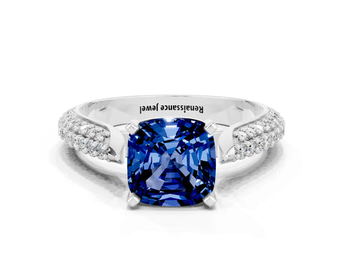 White gold Cushion Cut Diamond Solitaire Engagement Ring with Pavé Band and Four-Prong Setting