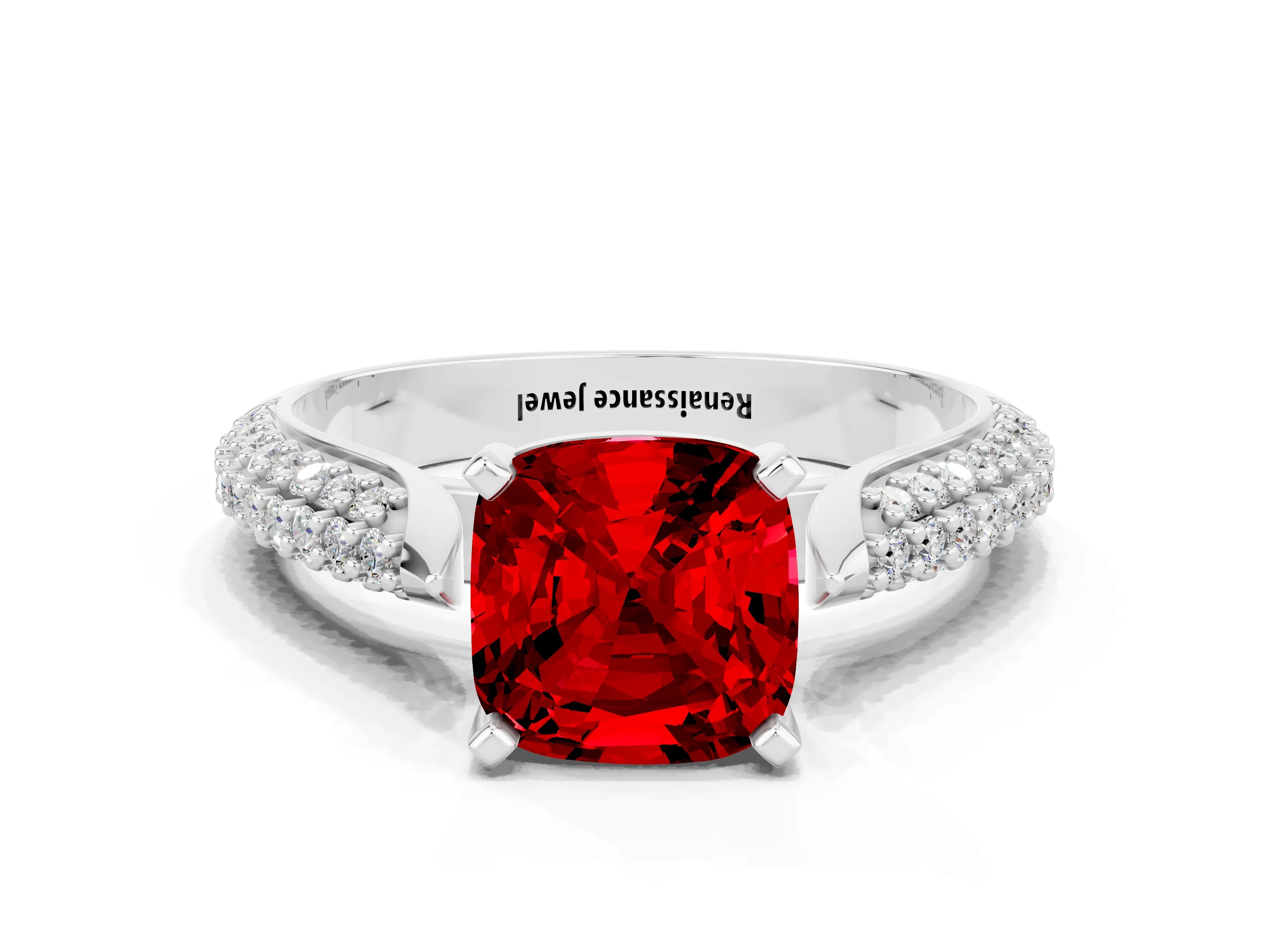 White gold Cushion Cut Diamond Solitaire Engagement Ring with Pavé Band and Four-Prong Setting