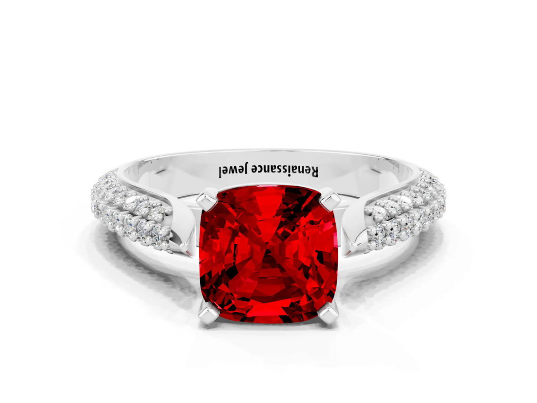 White gold Cushion Cut Diamond Solitaire Engagement Ring with Pavé Band and Four-Prong Setting