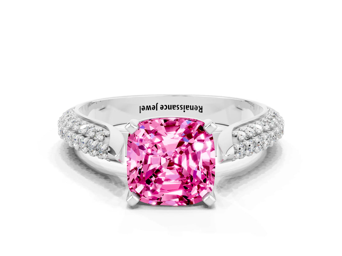 White gold Cushion Cut Diamond Solitaire Engagement Ring with Pavé Band and Four-Prong Setting