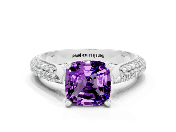 White gold Cushion Cut Amethyst Solitaire Engagement Ring with Multi-Row Round Pavé Band and Prong Setting