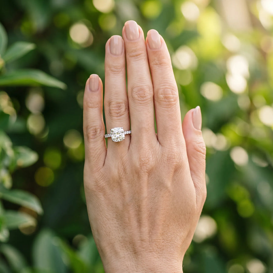 White gold Cushion Cut Diamond Solitaire Engagement Ring with Round  Pavé Band and Prong Setting