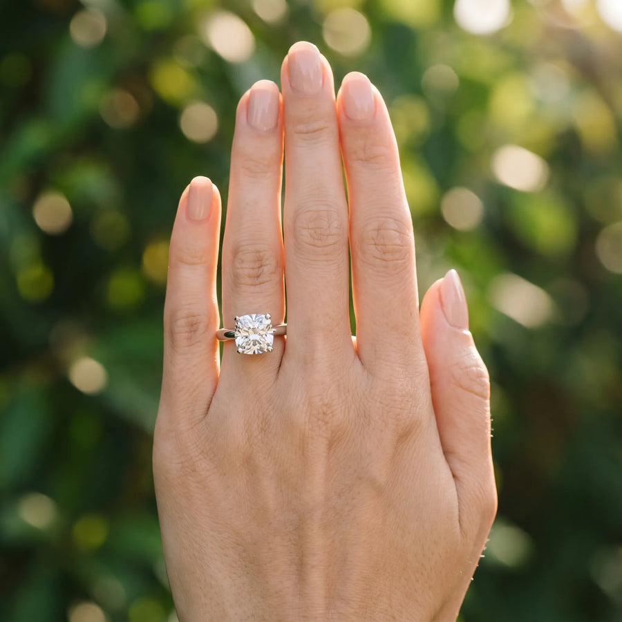 White gold Cushion Cut Diamond Solitaire Engagement Ring with Round Band and Four-Prong Setting