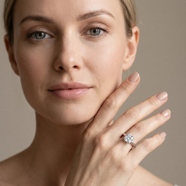 White gold Cushion Cut Diamond Solitaire Engagement Ring with Round Band and Four-Prong Setting