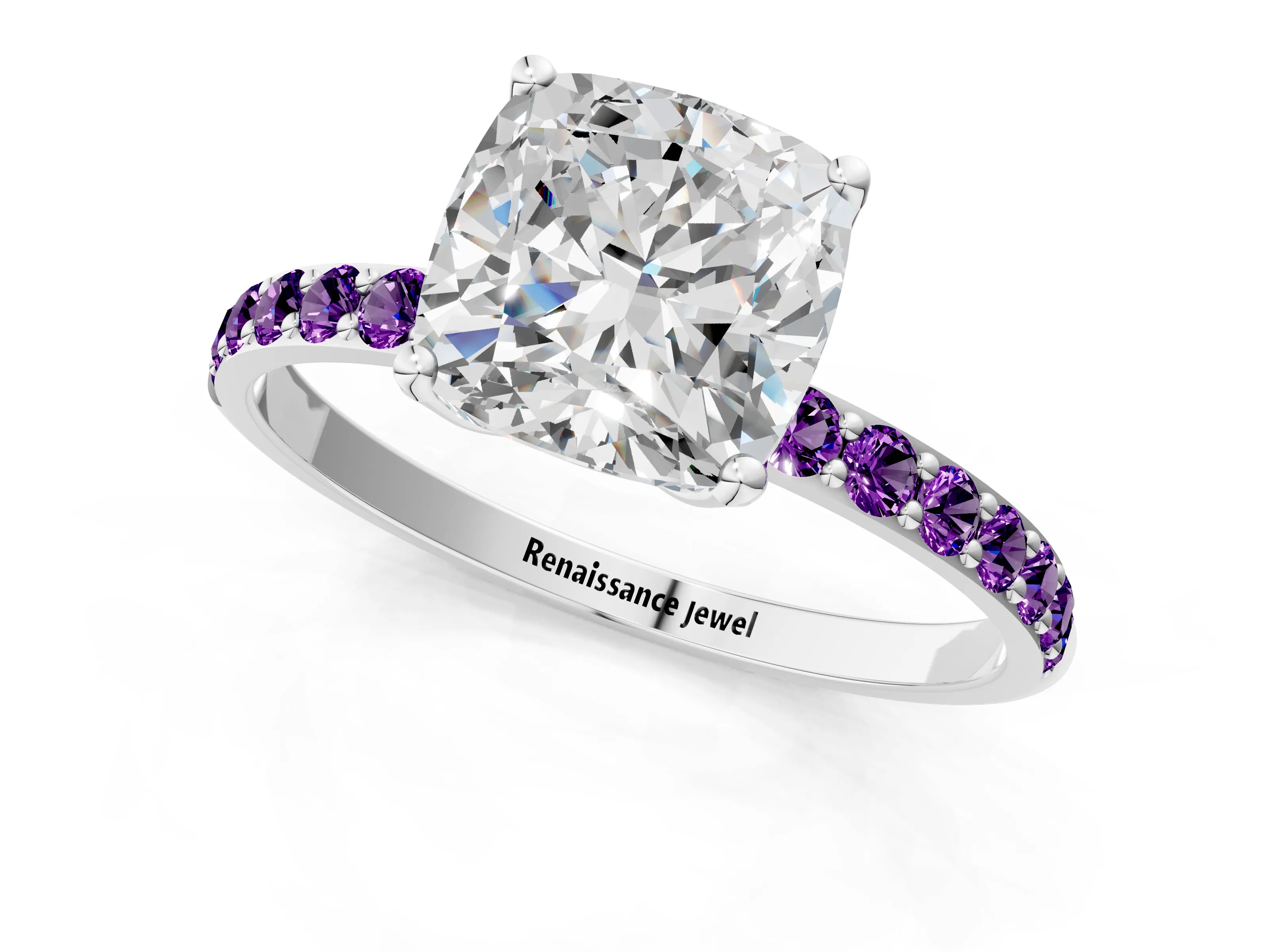 White gold Cushion Cut Diamond Solitaire Engagement Ring with Round with Amethyst side stone Pavé Band and Prong Setting_13