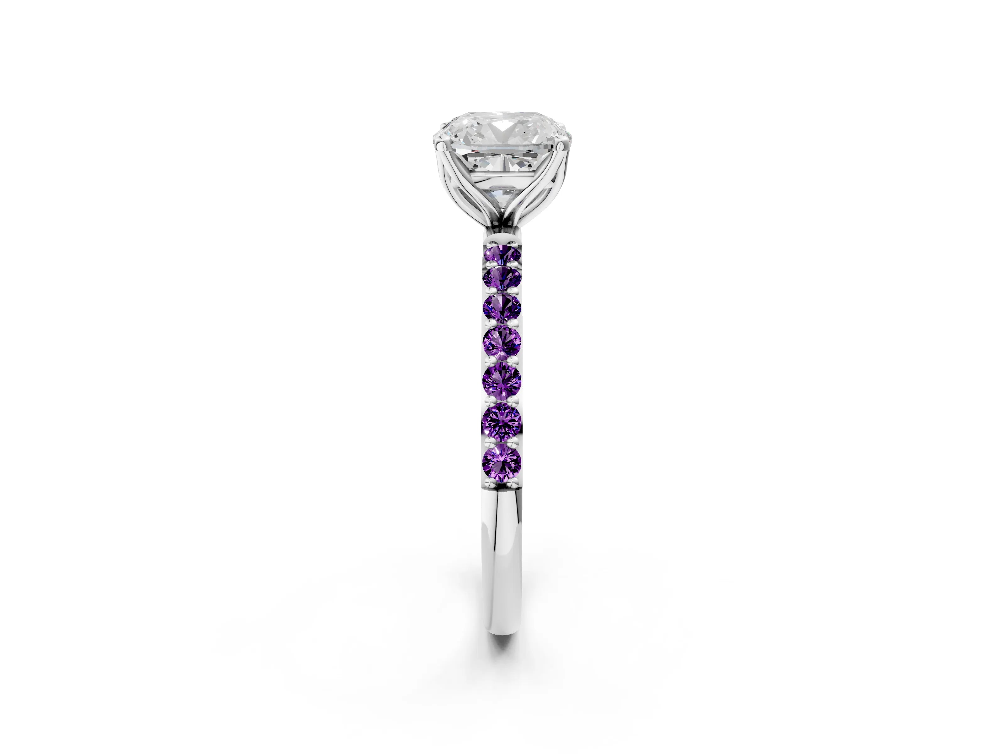White gold Cushion Cut Diamond Solitaire Engagement Ring with Round with Amethyst side stone Pavé Band and Prong Setting_14